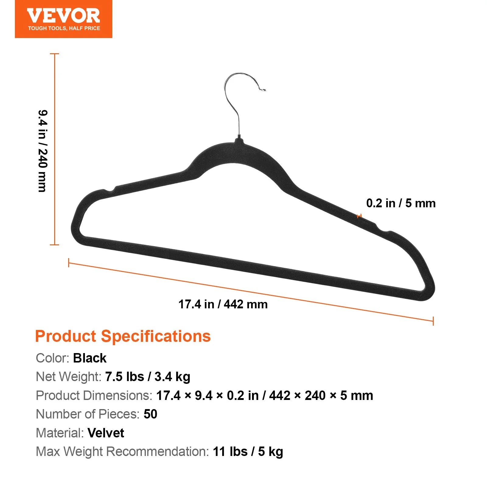 VEVOR Hangers, 11Lbs Load-Bearing, 50 Pack Black Velvet Hangers with 360 Degree Swivel Hook & 0.2 in Ultra-Thin Design, Non-Slip Space Saving Hangers, Fit for Silk Garments, Coats, Sweaters & Straps