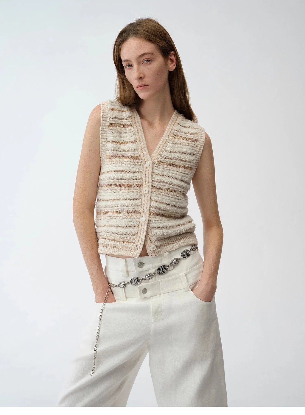 "Nice Weekend" Striped Mixed Woven V-Neck Early Spring Layered Knitted Cardigan Top/Vest