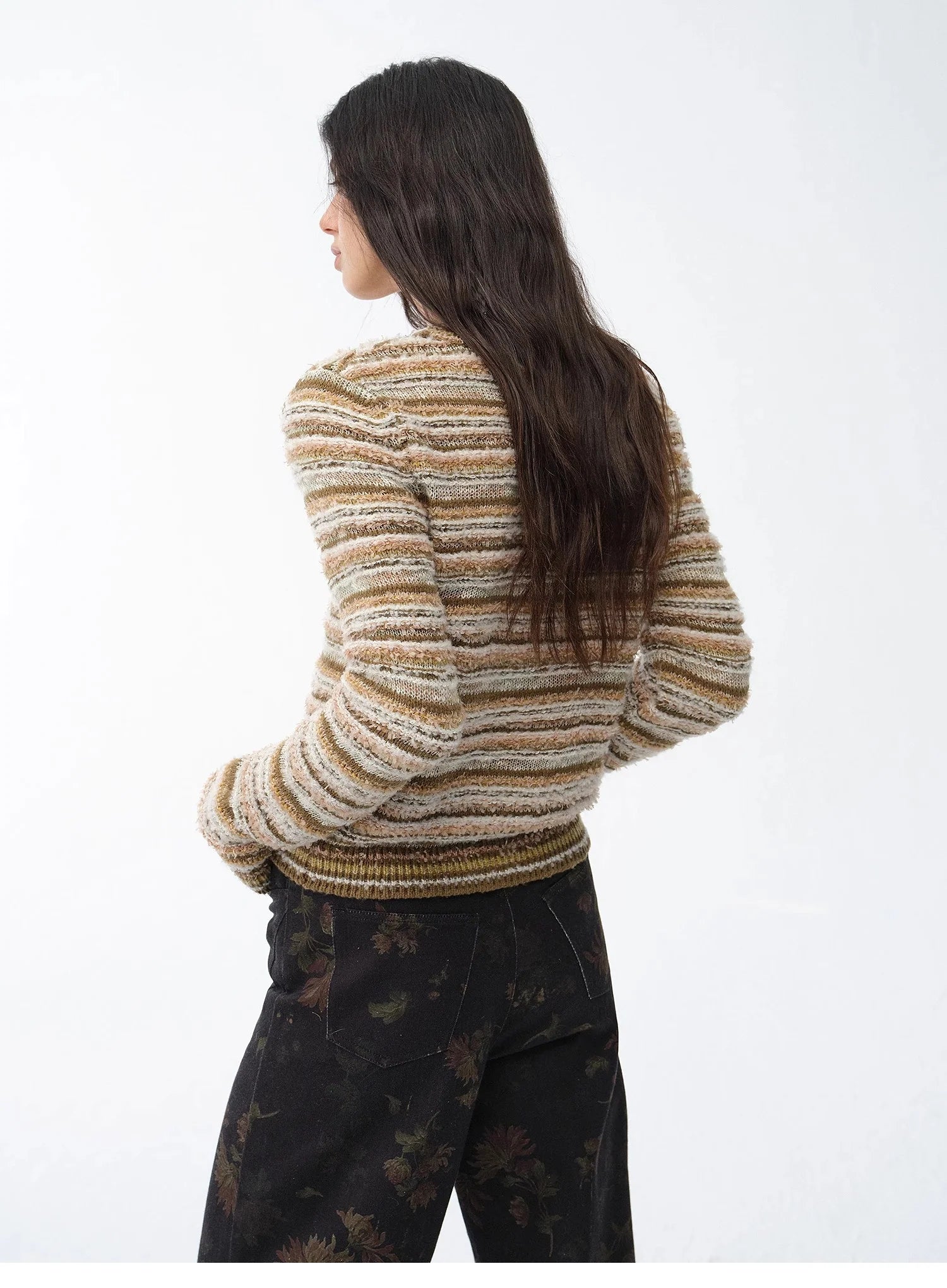 "Nice Weekend" Striped Mixed Woven V-Neck Early Spring Layered Knitted Cardigan Top/Vest