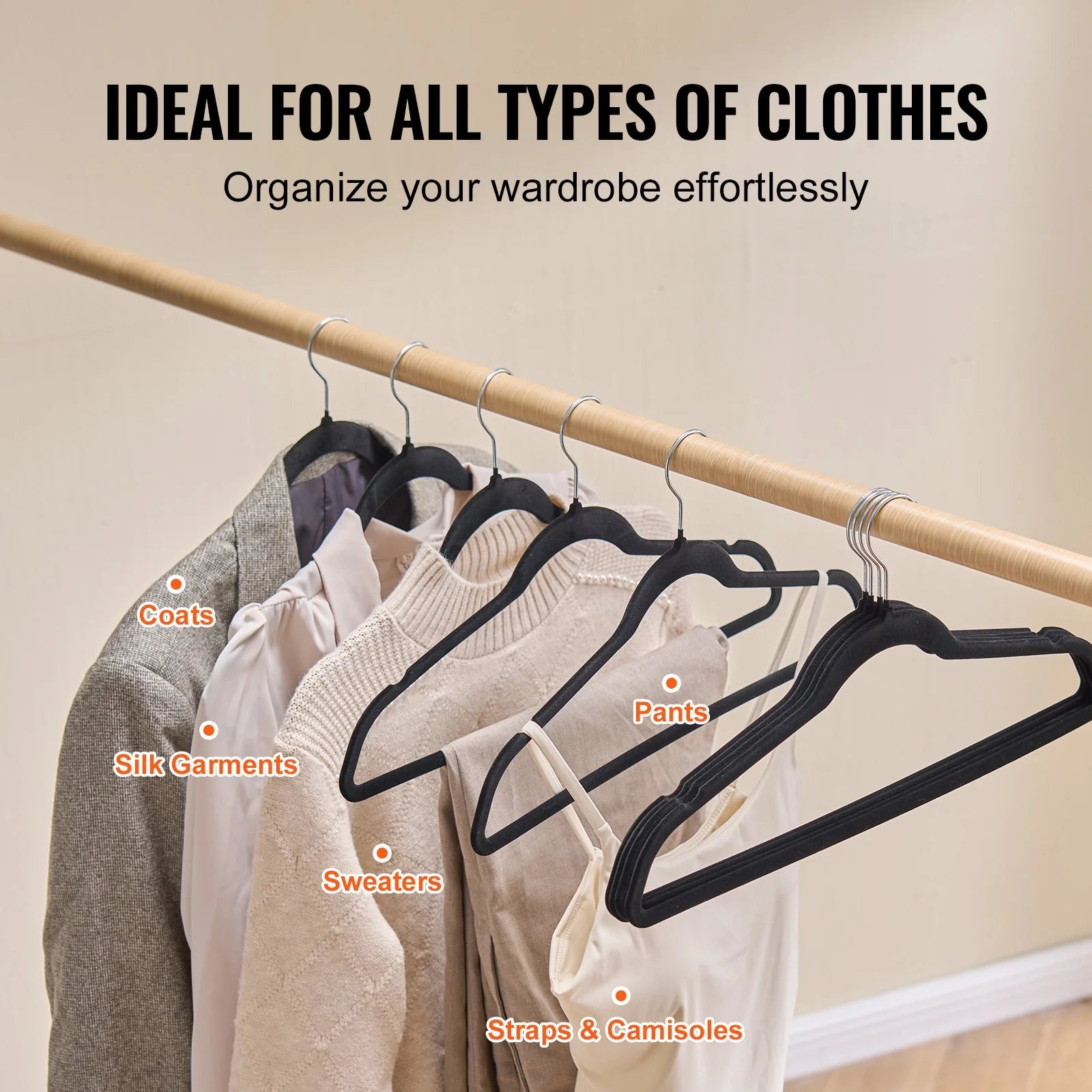 VEVOR Hangers, 11Lbs Load-Bearing, 50 Pack Black Velvet Hangers with 360 Degree Swivel Hook & 0.2 in Ultra-Thin Design, Non-Slip Space Saving Hangers, Fit for Silk Garments, Coats, Sweaters & Straps