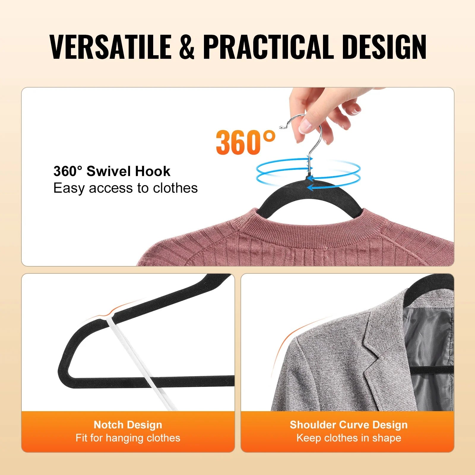 VEVOR Hangers, 11Lbs Load-Bearing, 50 Pack Black Velvet Hangers with 360 Degree Swivel Hook & 0.2 in Ultra-Thin Design, Non-Slip Space Saving Hangers, Fit for Silk Garments, Coats, Sweaters & Straps