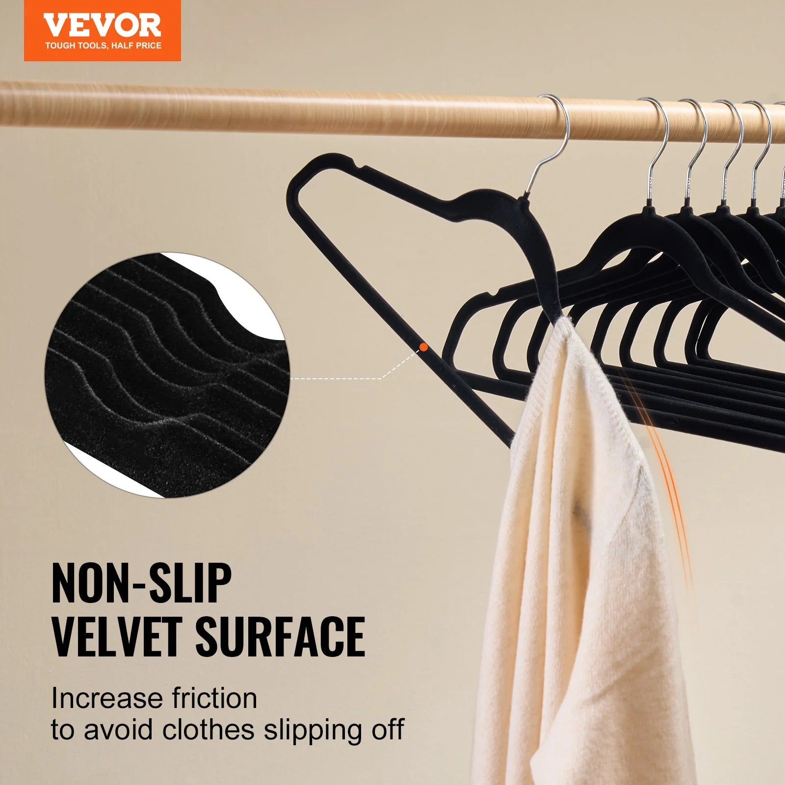 VEVOR Hangers, 11Lbs Load-Bearing, 50 Pack Black Velvet Hangers with 360 Degree Swivel Hook & 0.2 in Ultra-Thin Design, Non-Slip Space Saving Hangers, Fit for Silk Garments, Coats, Sweaters & Straps