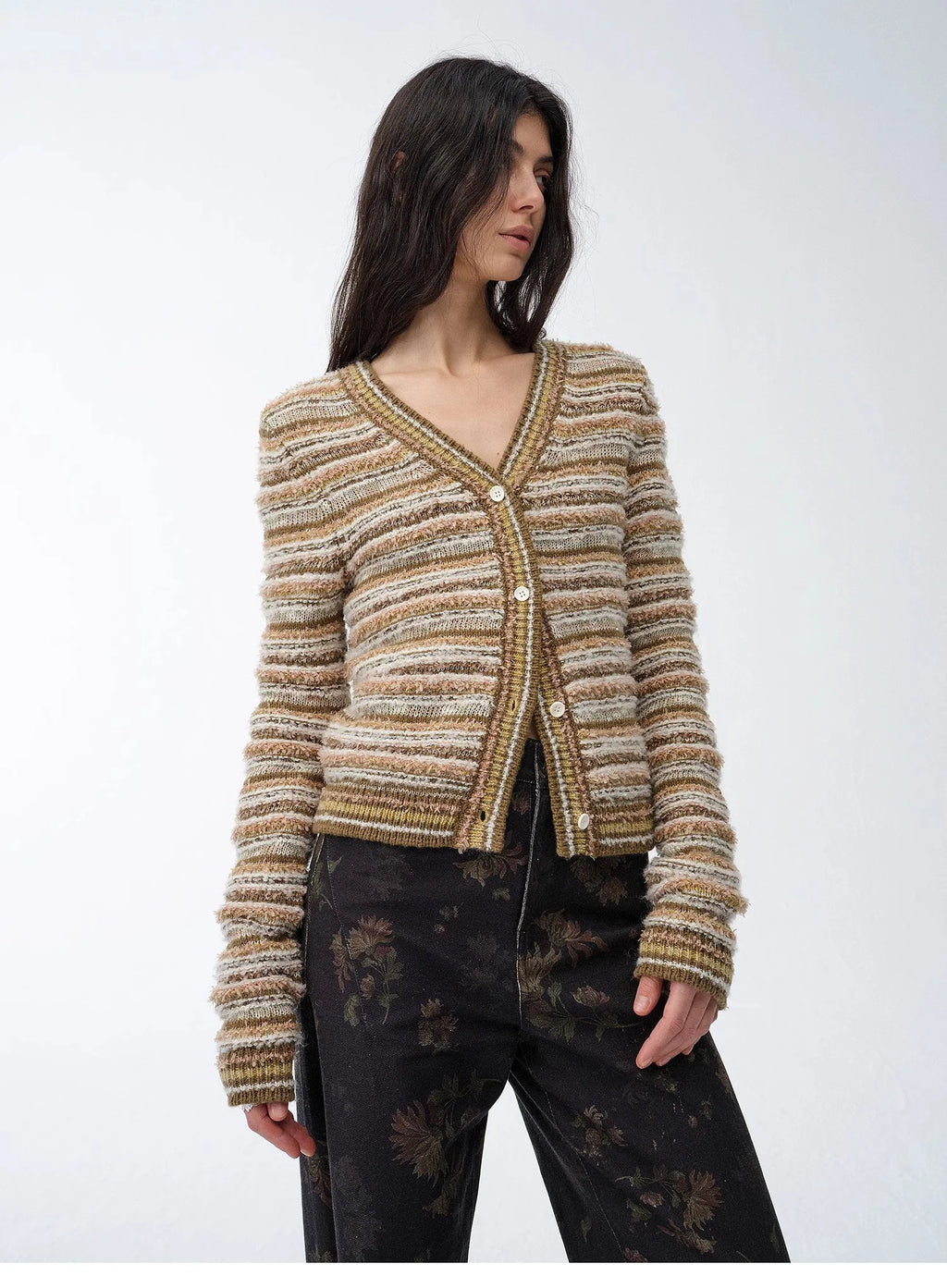 "Nice Weekend" Striped Mixed Woven V-Neck Early Spring Layered Knitted Cardigan Top/Vest