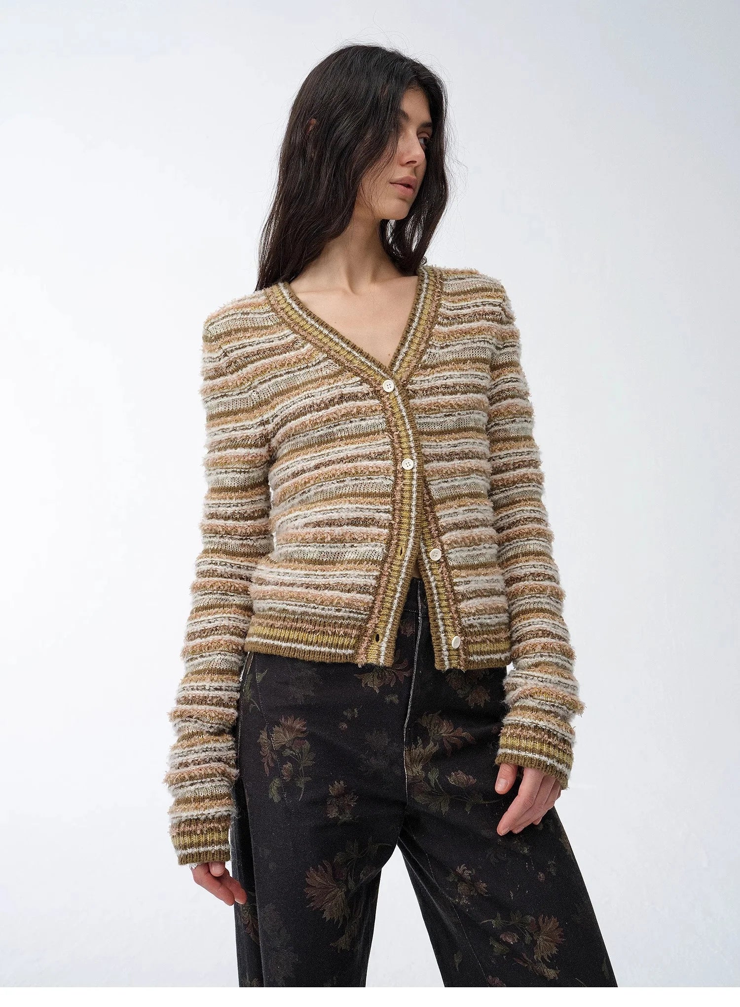 "Nice Weekend" Striped Mixed Woven V-Neck Early Spring Layered Knitted Cardigan Top/Vest
