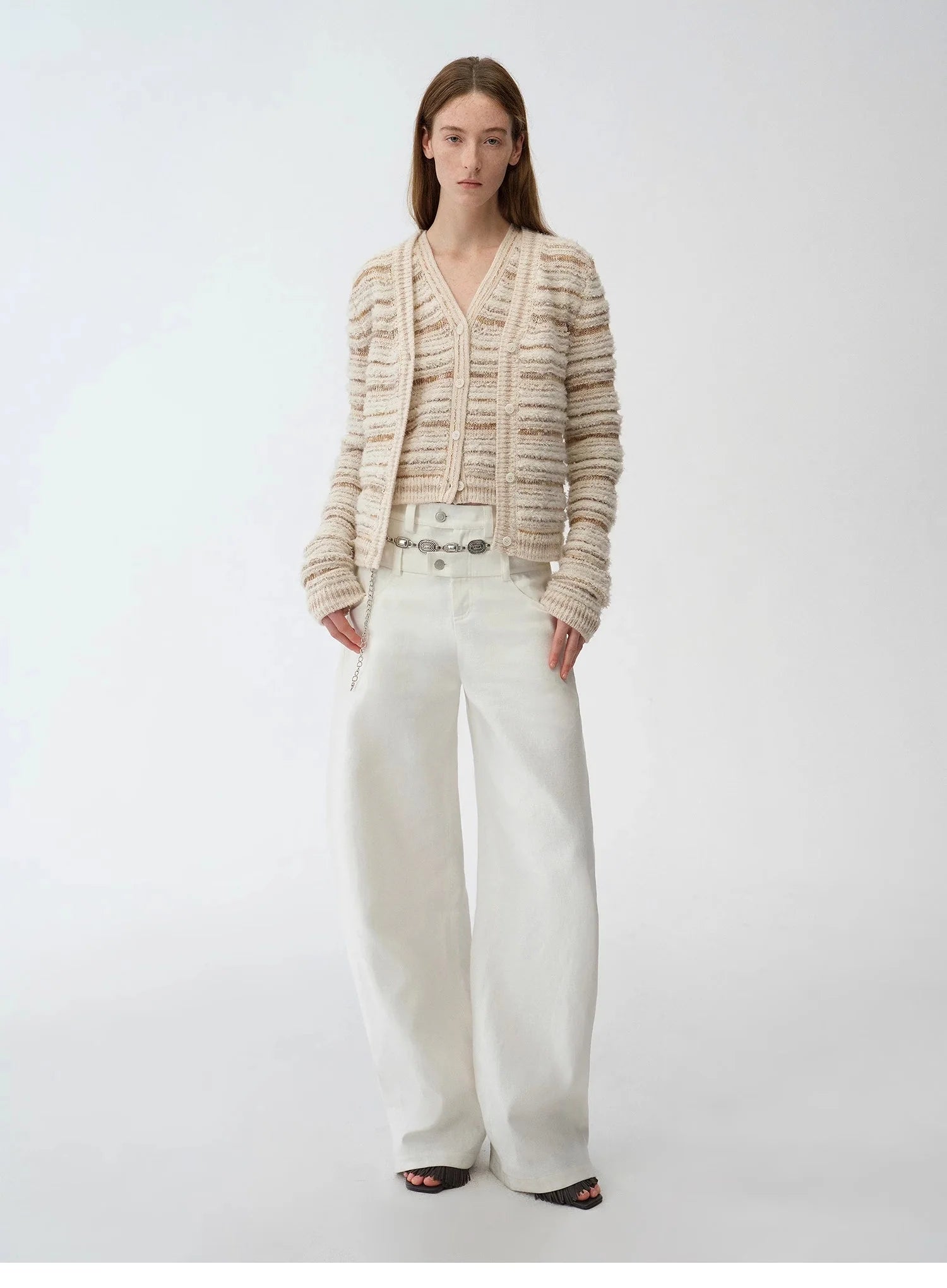 "Nice Weekend" Striped Mixed Woven V-Neck Early Spring Layered Knitted Cardigan Top/Vest