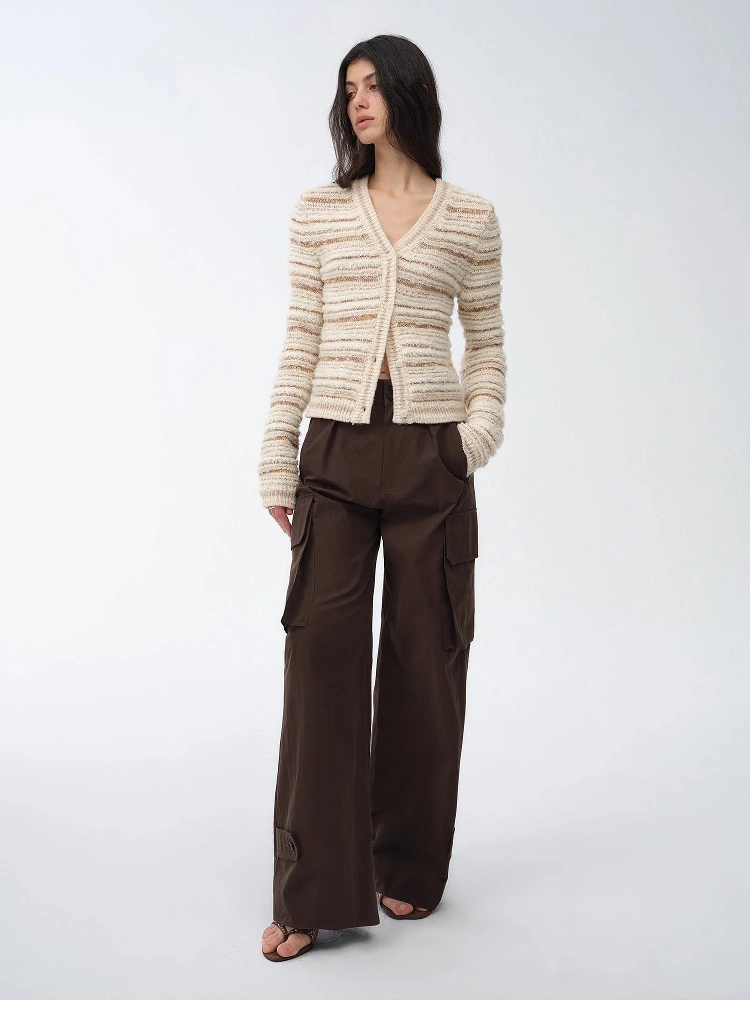 "Nice Weekend" Striped Mixed Woven V-Neck Early Spring Layered Knitted Cardigan Top/Vest