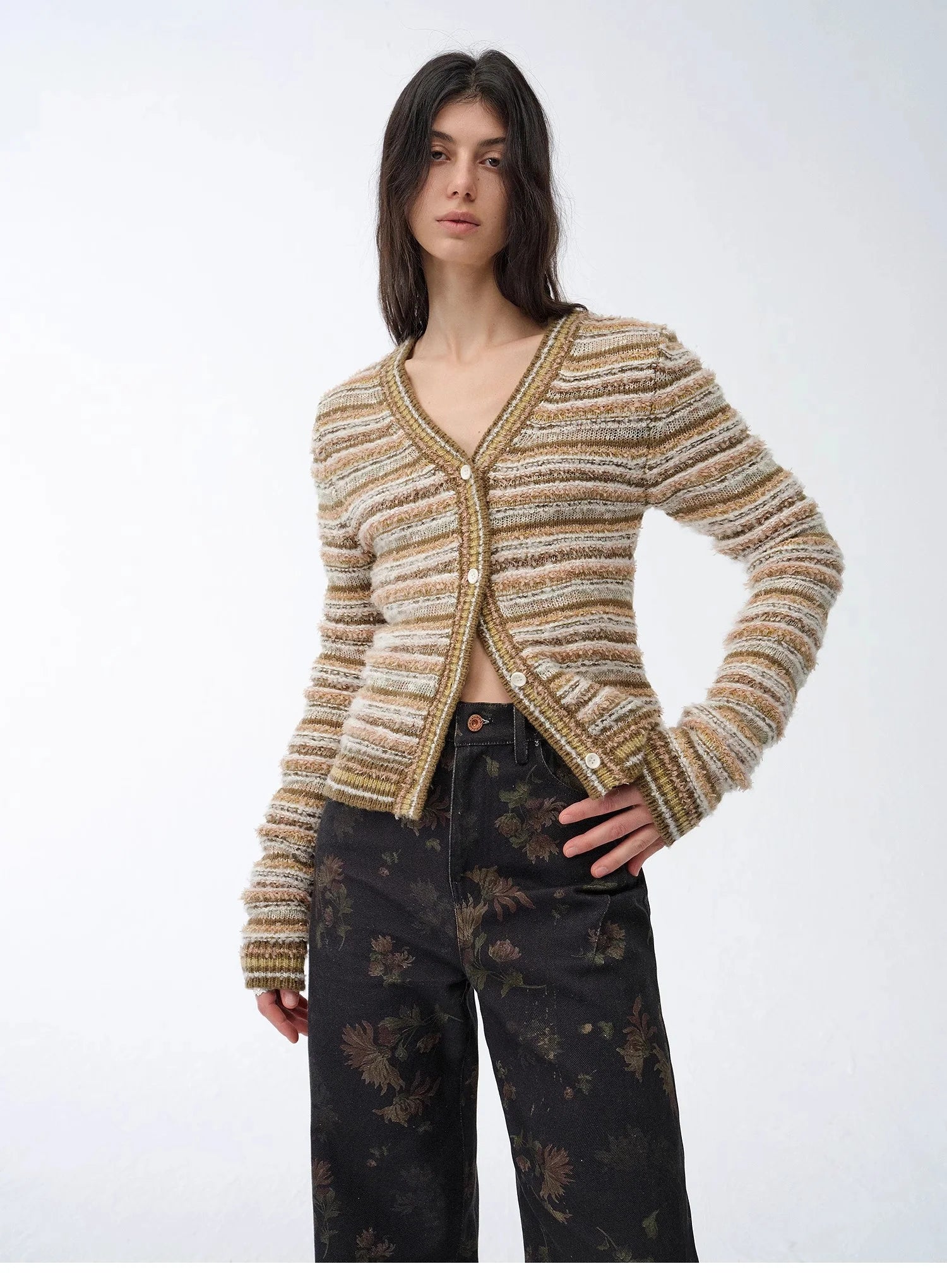"Nice Weekend" Striped Mixed Woven V-Neck Early Spring Layered Knitted Cardigan Top/Vest