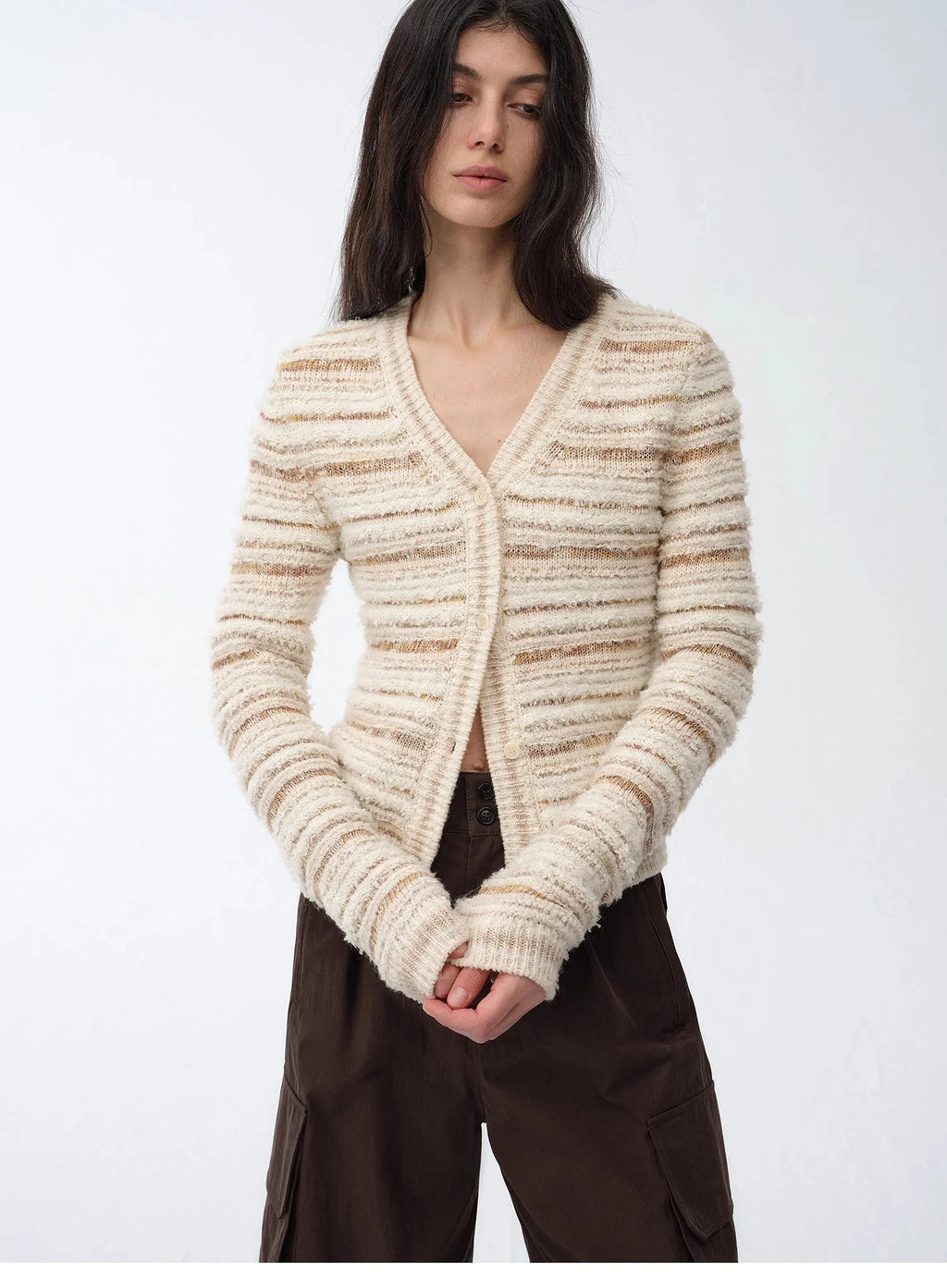 "Nice Weekend" Striped Mixed Woven V-Neck Early Spring Layered Knitted Cardigan Top/Vest