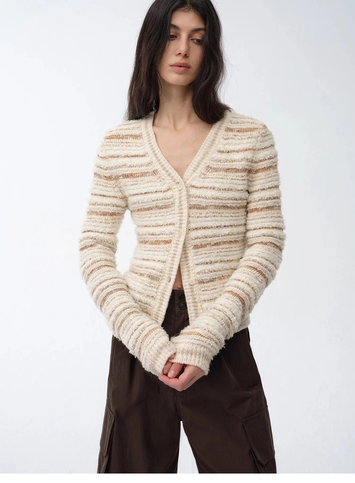 "Nice Weekend" Striped Mixed Woven V-Neck Early Spring Layered Knitted Cardigan Top/Vest